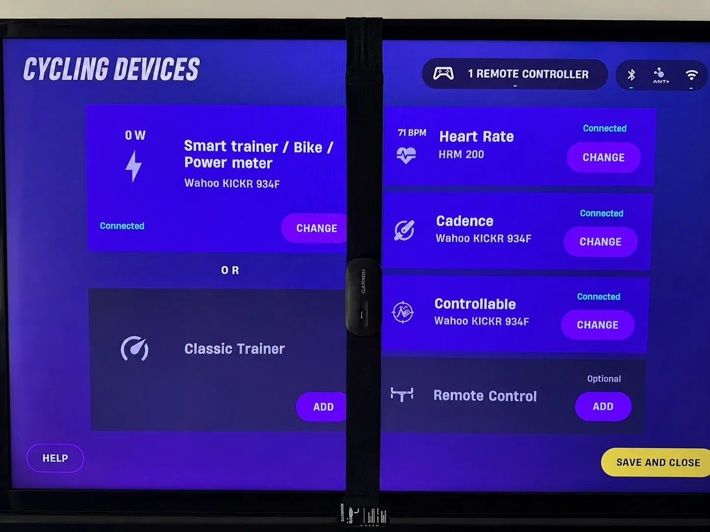 Rouvy cycling devices screen showing the Garmin HRM-200 connected as the heart-rate monitor