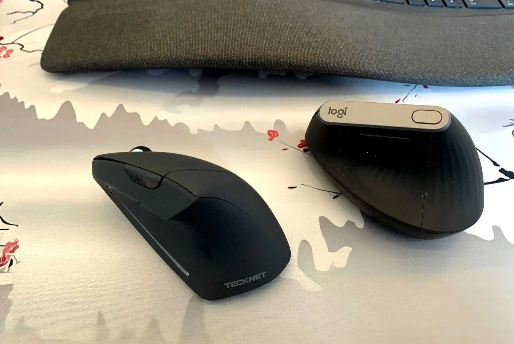 Logitech MX Vertical and TECKNET vertical mice side by side on a Japanese-style desk mat